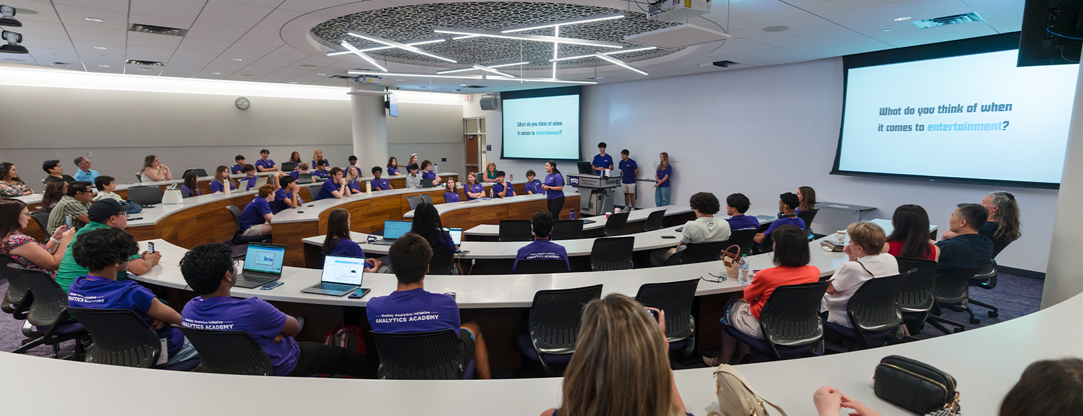 High school student giving analytics and market research presentation