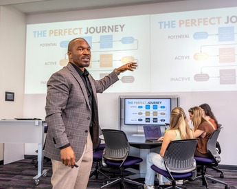 Students listening to marketing lecture on the ideal customer journey
