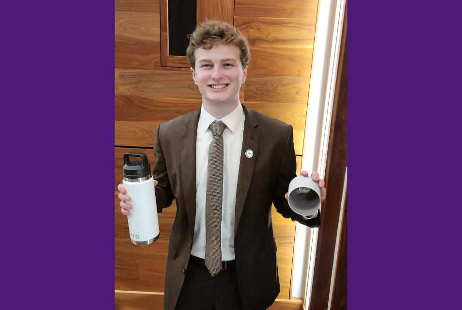 Junior Colber Ackerman show off his AirBoot product at the CREATE accelerator competition in Neeley's Shaddock Auditorium. 