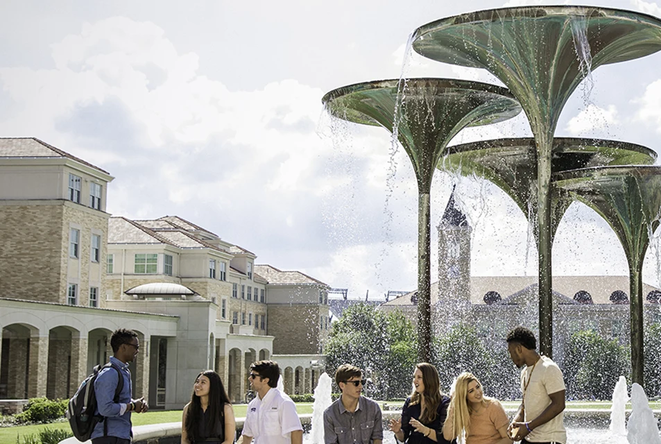 A small group of students gather around Frog Fountain