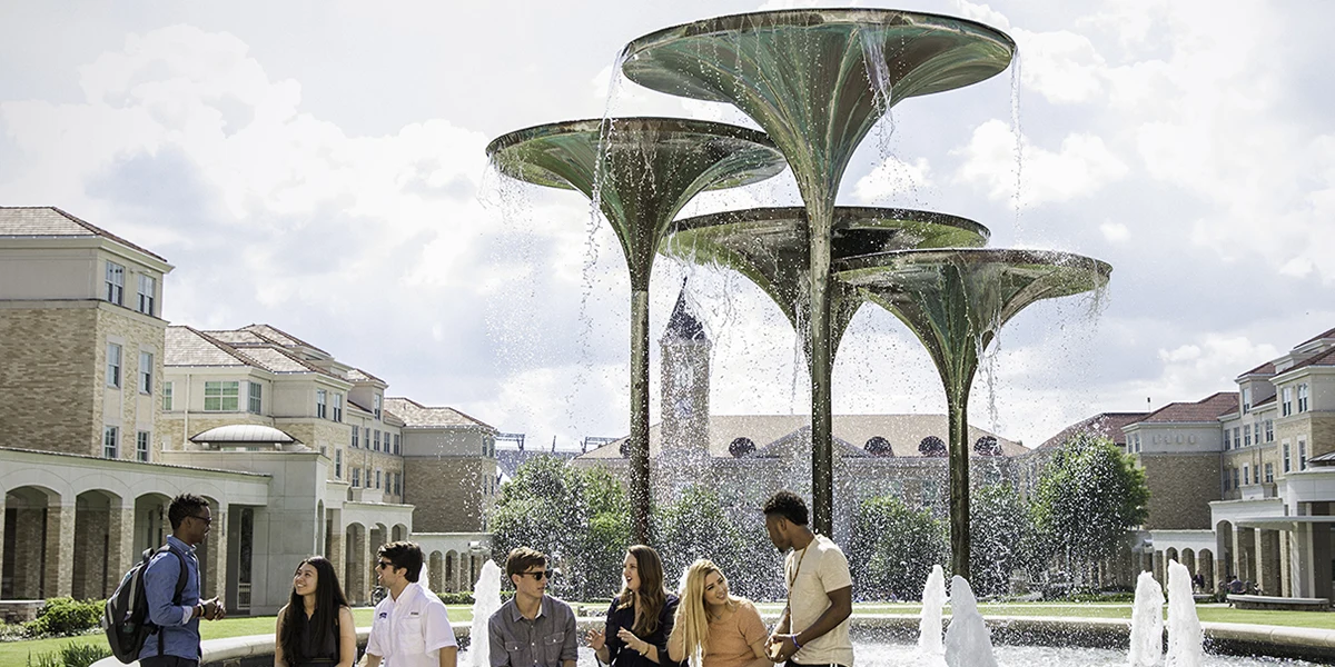 A small group of students gather around Frog Fountain