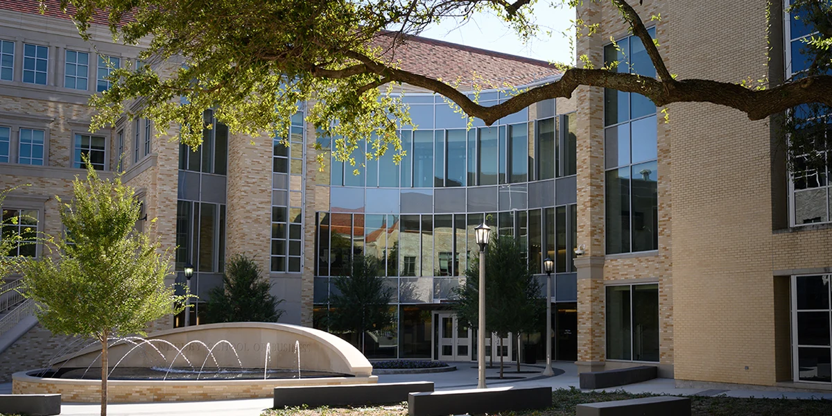 Neeley plaza, featuring trees and the fountain