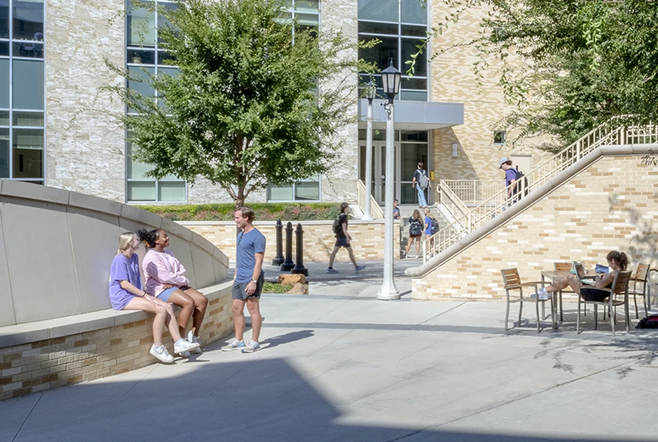 Students chat in small groups around Roach Plaza