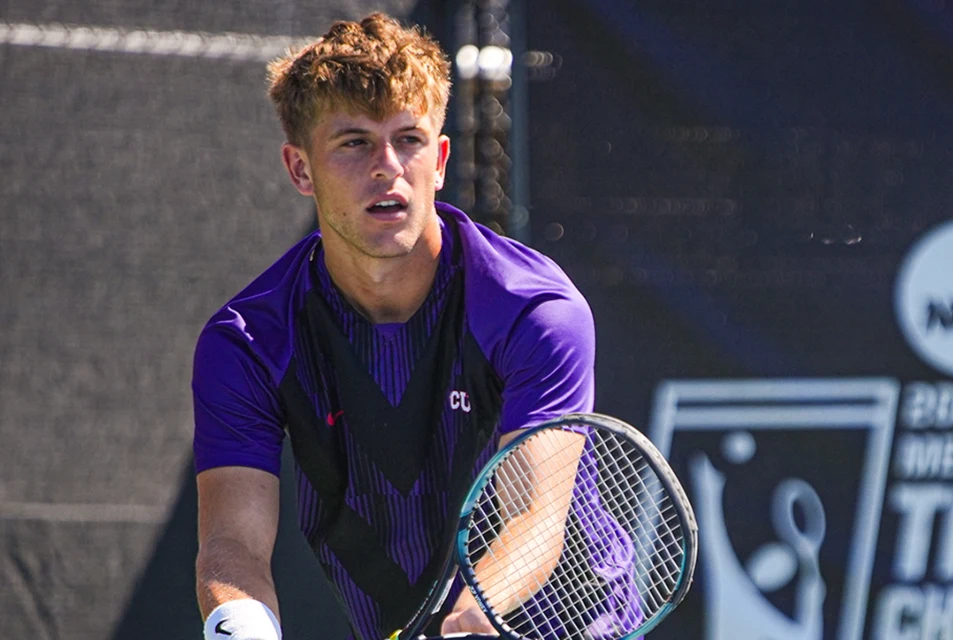 Luke Swan, preparing to serve during a match in the NCAA tennis tournament