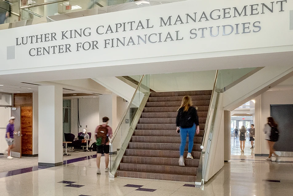 Atrium of Tandy Hall, featuring the Luther King Capital Management Center for Financial Studies