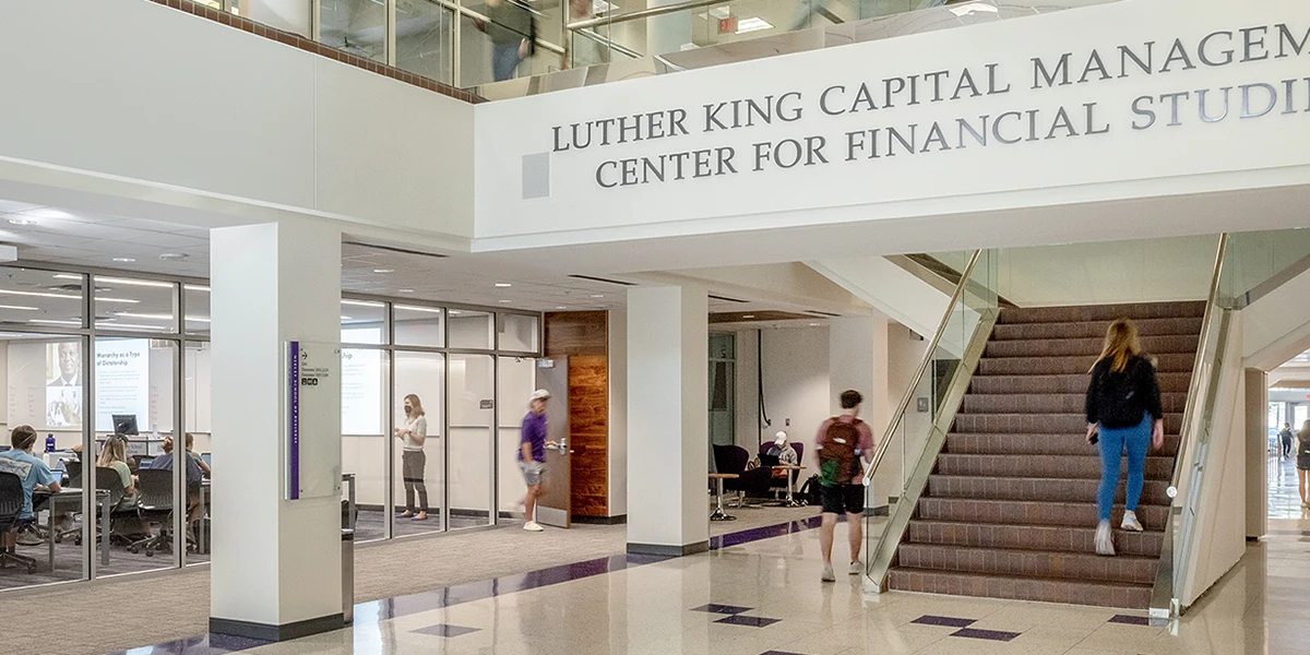 Atrium of Tandy Hall, featuring the Luther King Capital Management Center for Financial Studies