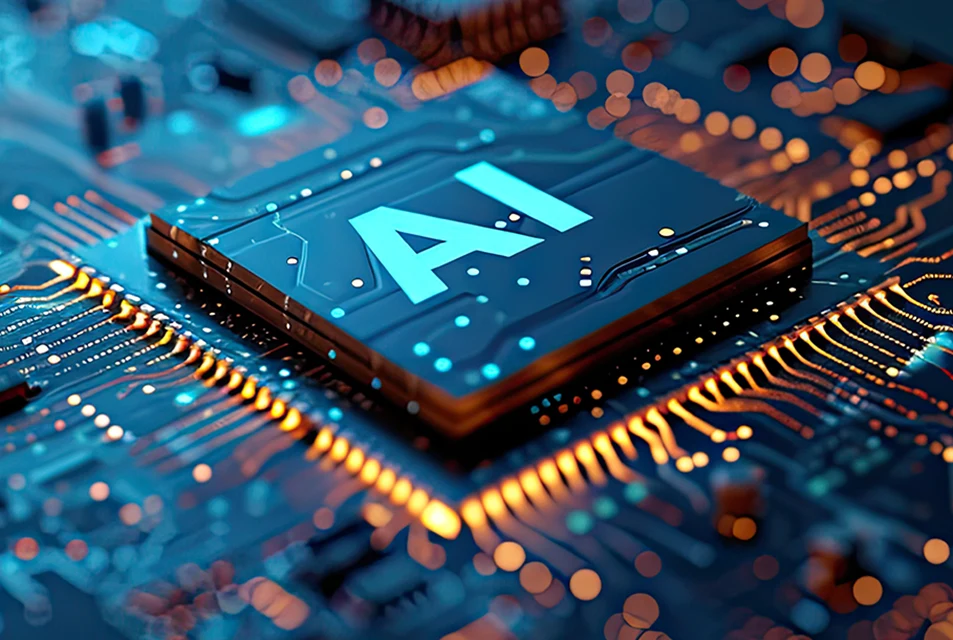 Detail of a circuit board with a microprocessor labelled AI