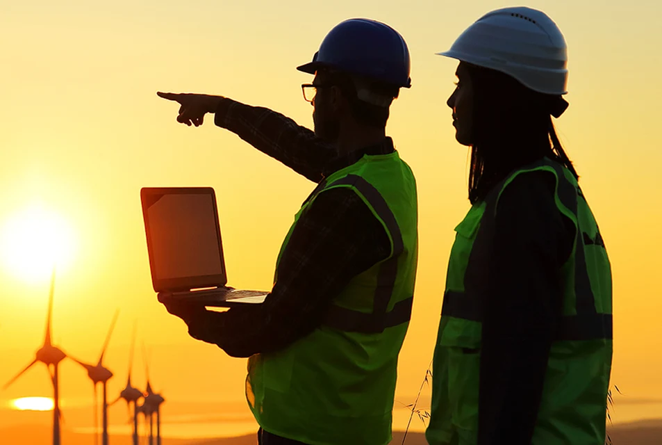 An instructor gestures toward a line of wind turbine generators while working with a student on-site