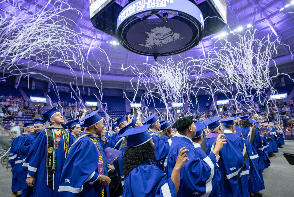 Streamers and confetti close Neeley convocation for Spring 2026.